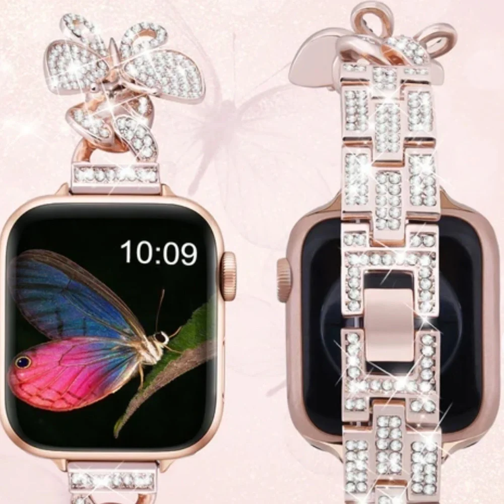 Apple Watch Metal Band in Twirl Butterfly with Bling Rhinestone in Rose Gold
